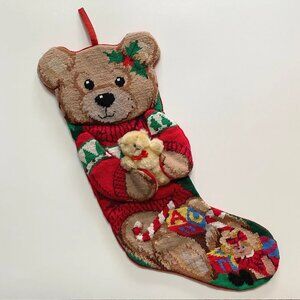 Vintage Needlepoint Bear Christmas Stocking 90s Holiday Decor